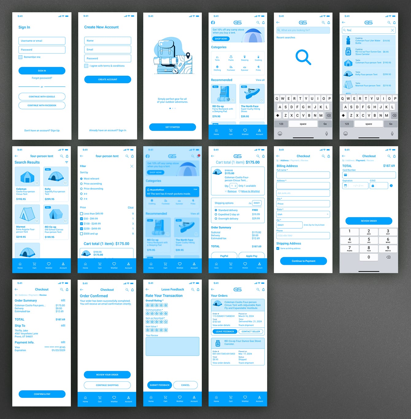 UX/UI design for mobile app with 10 wireframe layouts