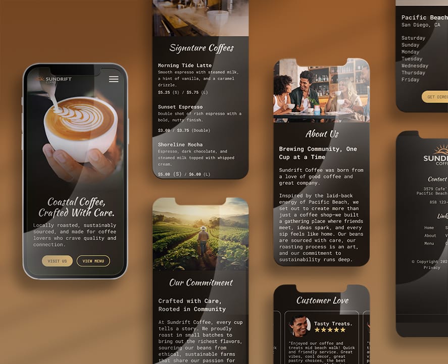 Small business responsive website design showing different parts of the home page