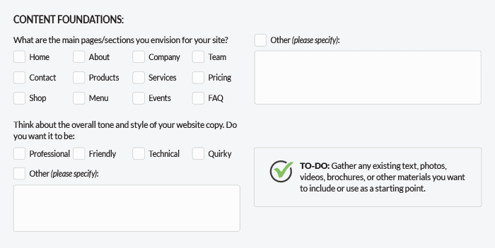 Website planning questionnaire form with content questions and to-do list.