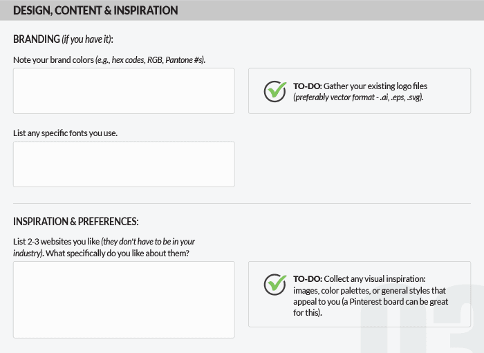 Questions to ask before hiring a web designer questionnaire with branding and inspiration preferences.