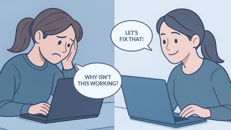 Split screen of a small business owner improving website conversions on her laptop.