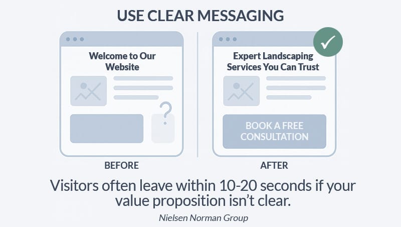Two wireframe websites showing improvements made by using clear messaging