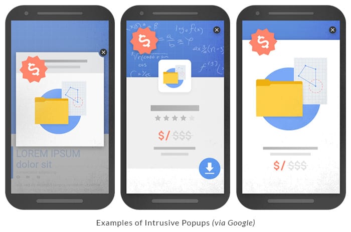 Google's examples of popups that are not mobile-friendly