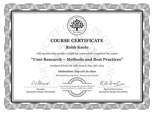 IxDF certificate: User Research - Methods and best practices.