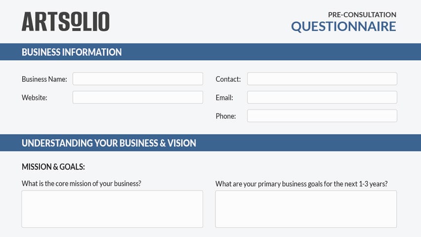 Website planning questionnaire business information questions.