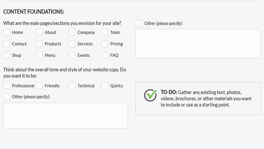 Website planning questionnaire foundational content questions.