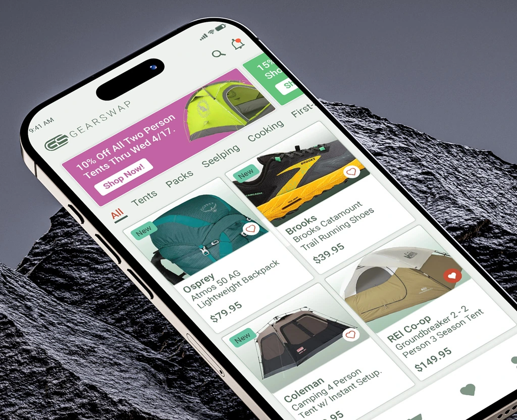 Ecommerce app ux case study for GearSwap mobile app home screen.