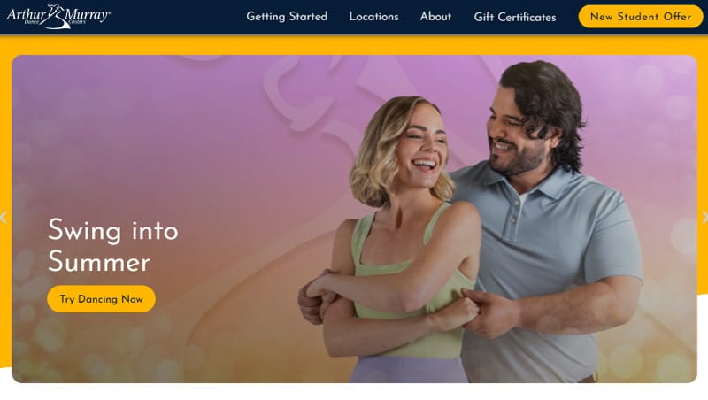 Arthur Murray pairs strong imagery with simple messaging and a clear call to action to improve website conversions.