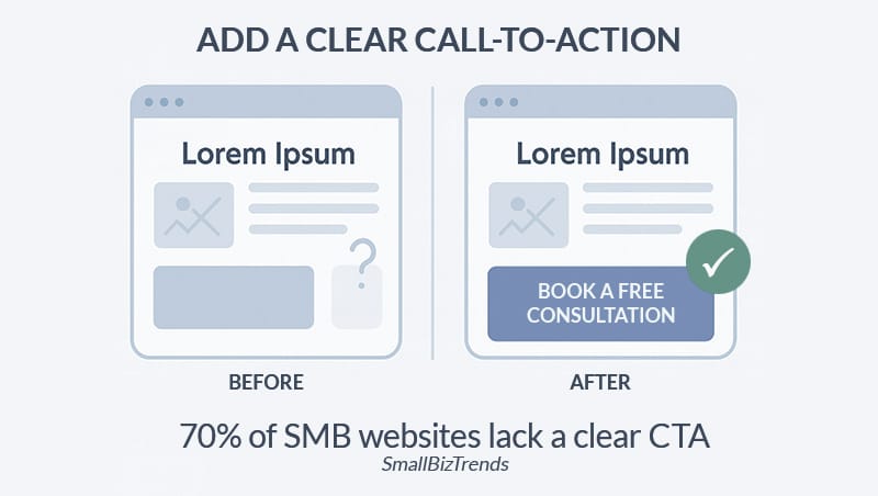 Small business website mistakes with two wireframes, one with & the other without a CTA.