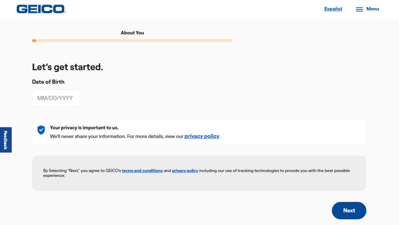 Geico's multi-step form starts by collecting your birthdate to reduce form abandonment rates.