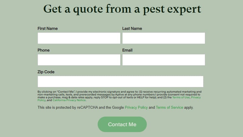 Aptive Pest Control requires the user to enter first name, last name, phone, email, and zip code to receive a quote.