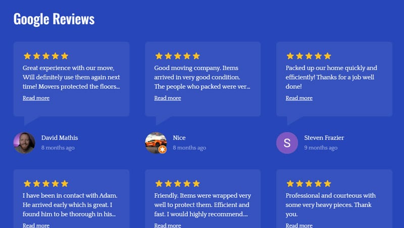 Adams Moving & Storage uses customer reviews from Google for social proof to improve website conversions.