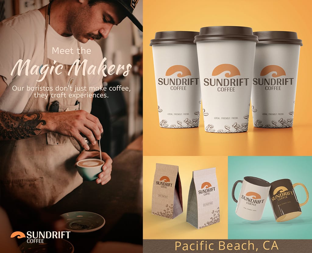 Branding, print, and digital design examples for Sundrift Coffee.
