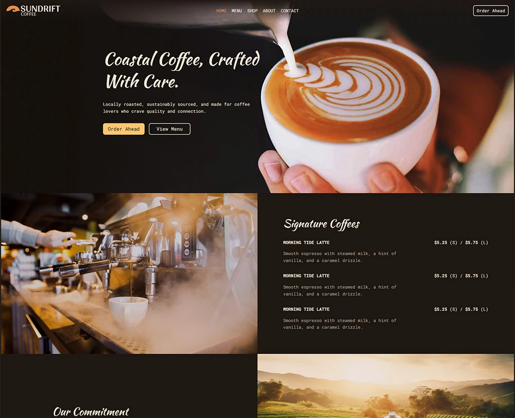 WordPress website homepage design for a coffee shop.