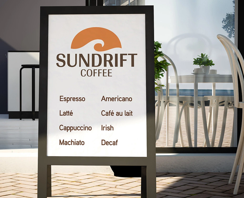 Coffee shop brand identity signage design for Sundrift Coffee.