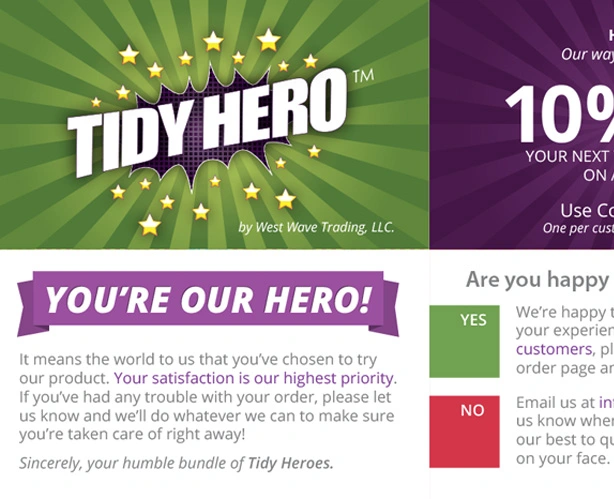 Product inserts with warranty card and discount card for Tidy Hero.