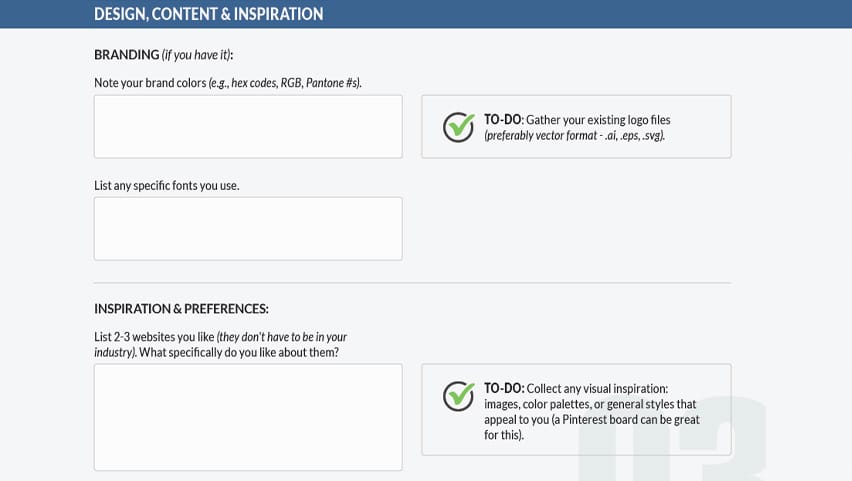 Website planning questionnaire design, content, & inspiration questions.