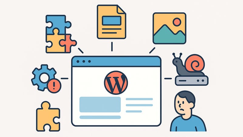 A diagram of a complex WordPress site showing reasons it could be slow.