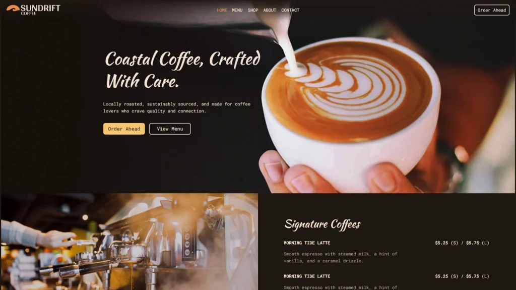 WordPress website development screenshot for coffee shop.
